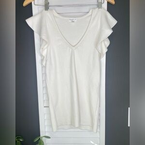 Minnie Rose Ivory Knit Top Flutter Sleeve Fitted Luxury Micro Rib Knit Size L